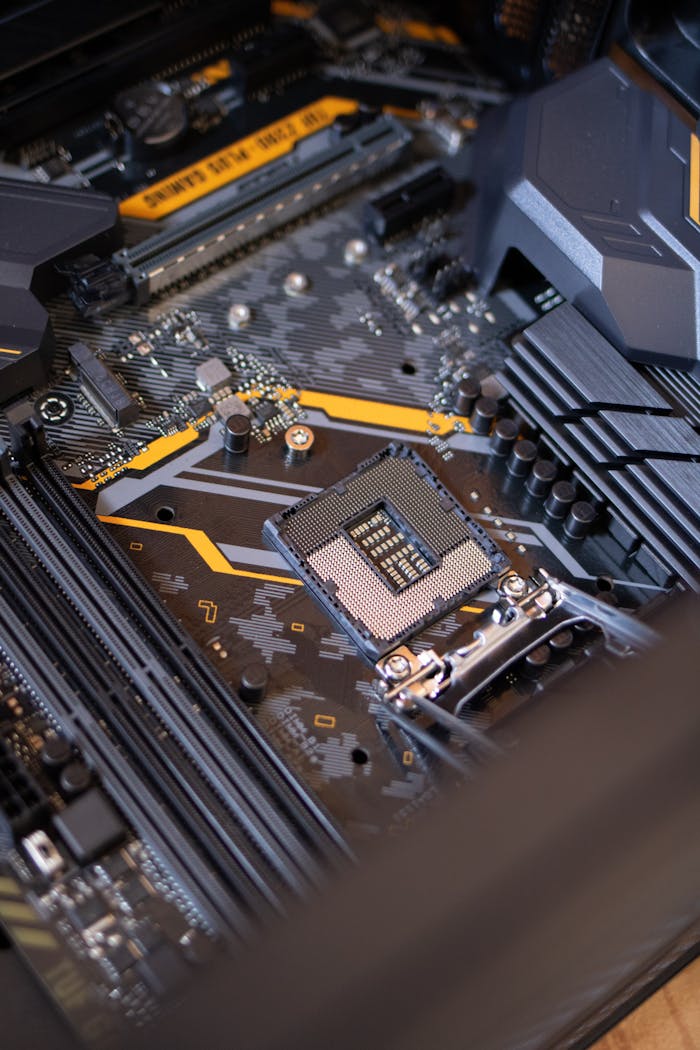 about-us Detailed view of a computer motherboard highlighting electronic components and technology connections.